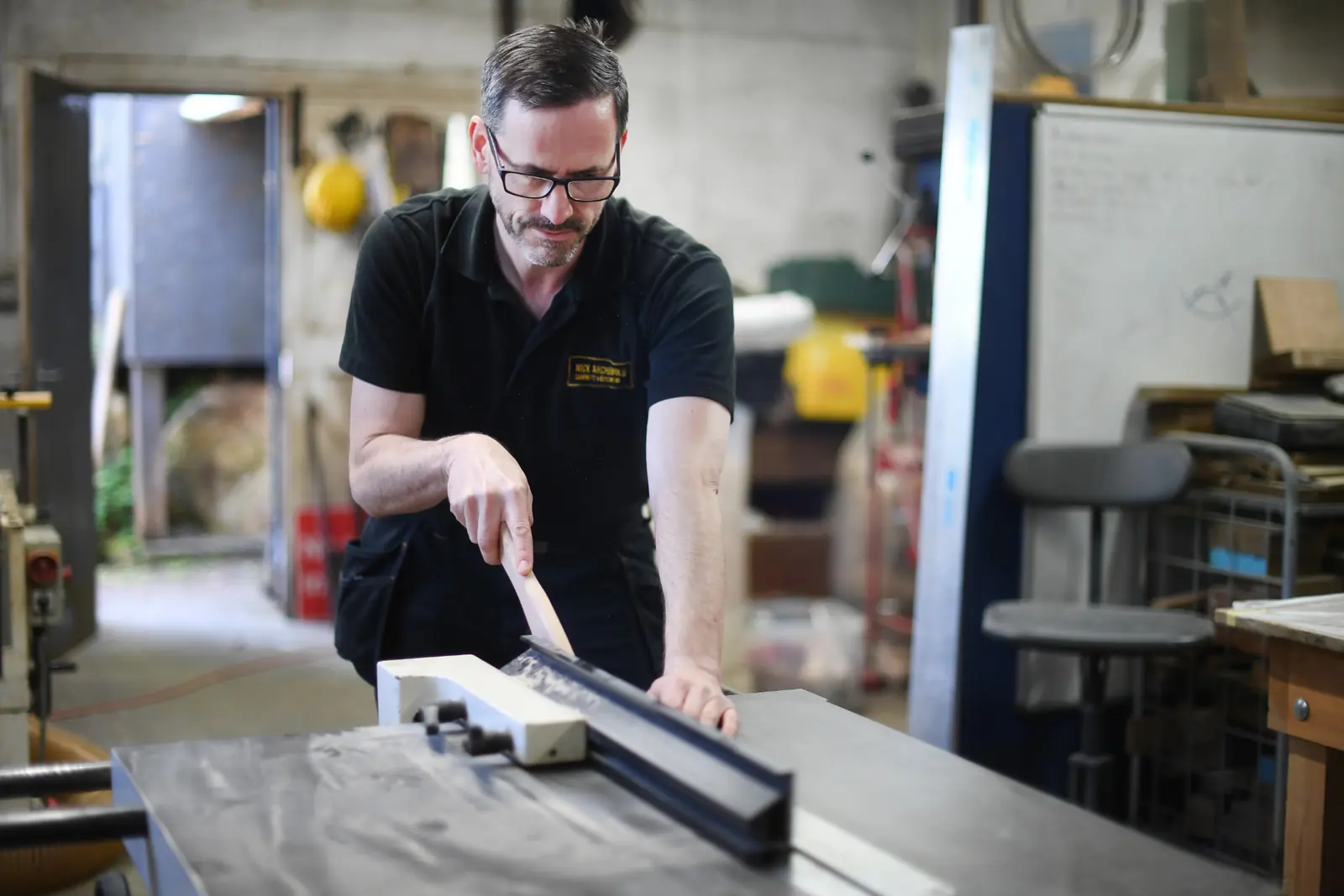 Nick Archibold working at the bench in his Corsham cabinetmaking workshop