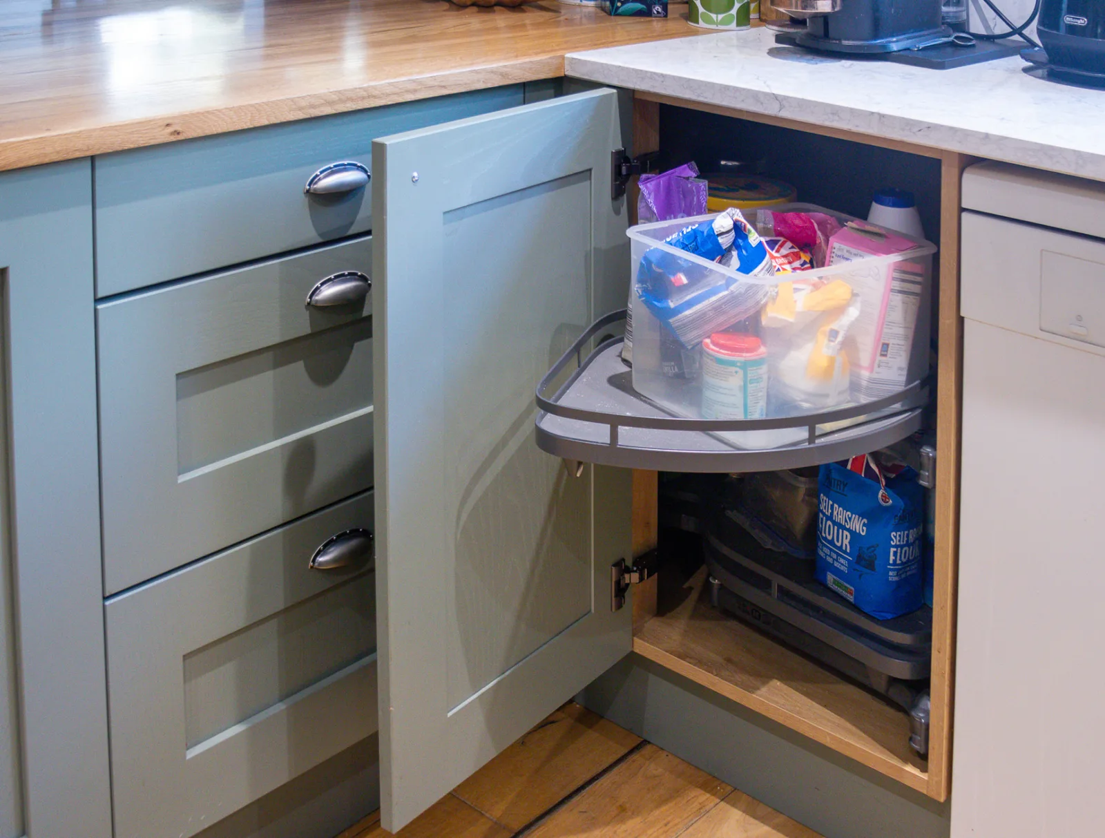Corner cabinet pull-out storage in a family kitchen in Corsham, Wiltshire